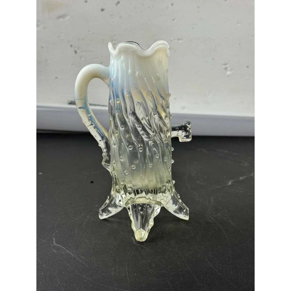 Northwood White Opalescent Tree Trunk Glass Vase with Handle Antique EAPG 6.5